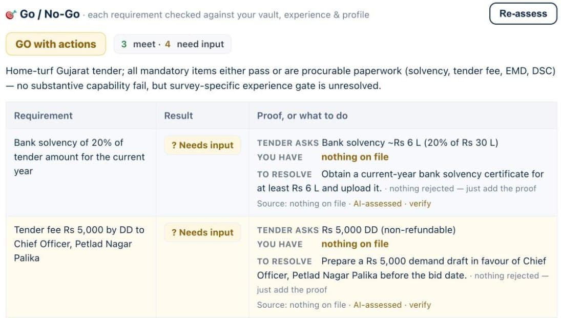 Go / No-Go requirement table with columns for requirement, result and proof or what to do, showing rows that need input
