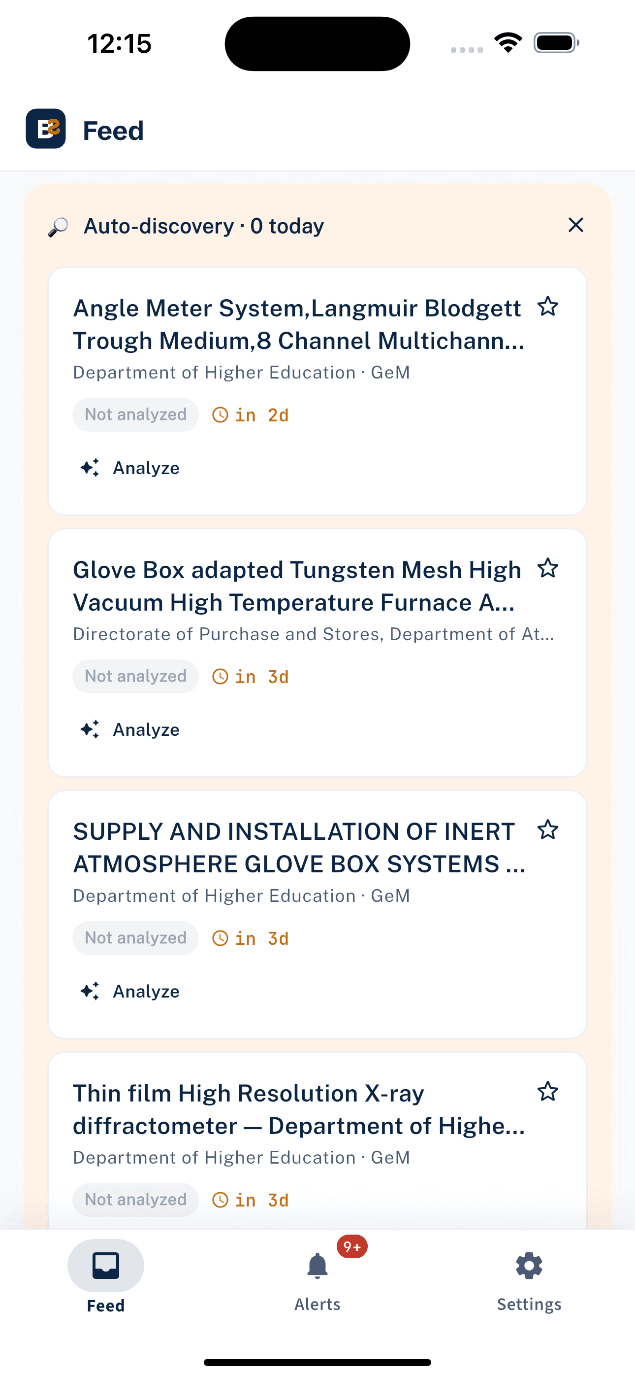 The BidShakti app Feed showing auto-discovered government tenders with closing dates and an Analyze action.