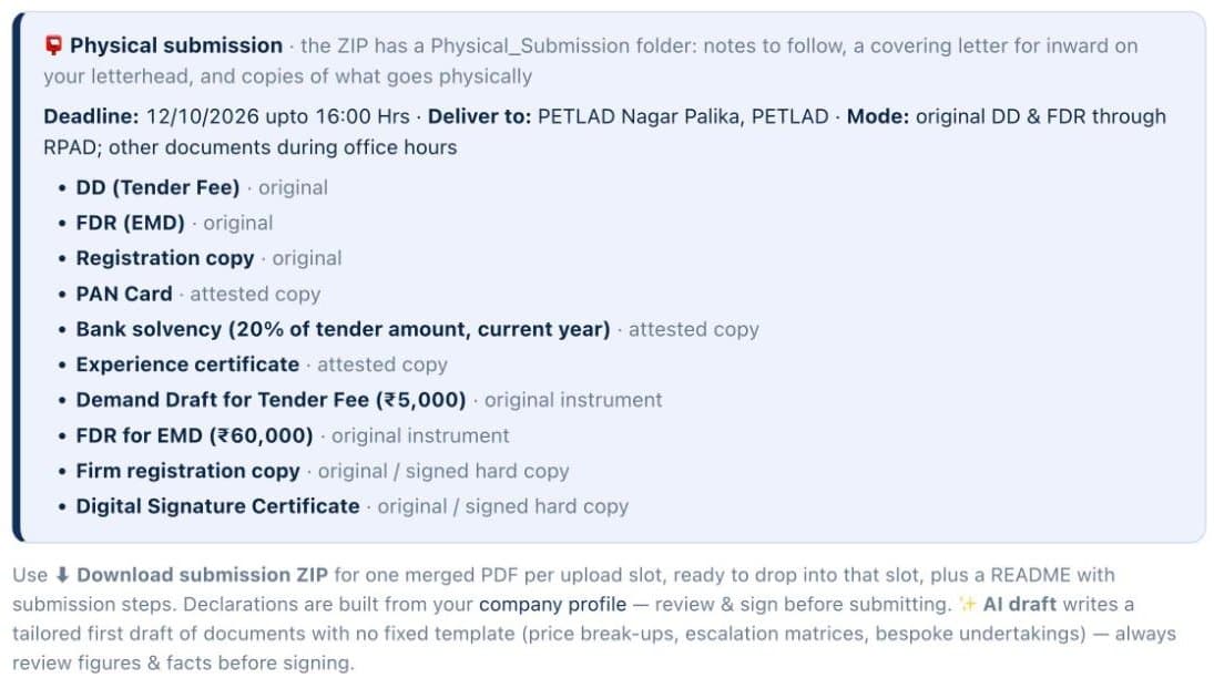 Physical submission box listing the deadline, the office to deliver to, and each document with original or attested copy